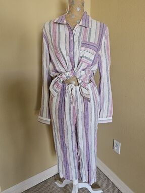 Linen Blend Two Piece Matching Set Stripes Medium NWOT Blair